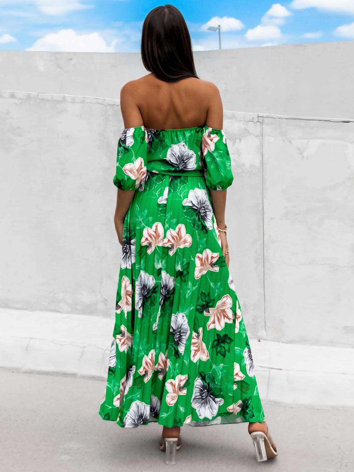 Pleated Floral Off-Shoulder Short Sleeve Midi Dress Trendsi