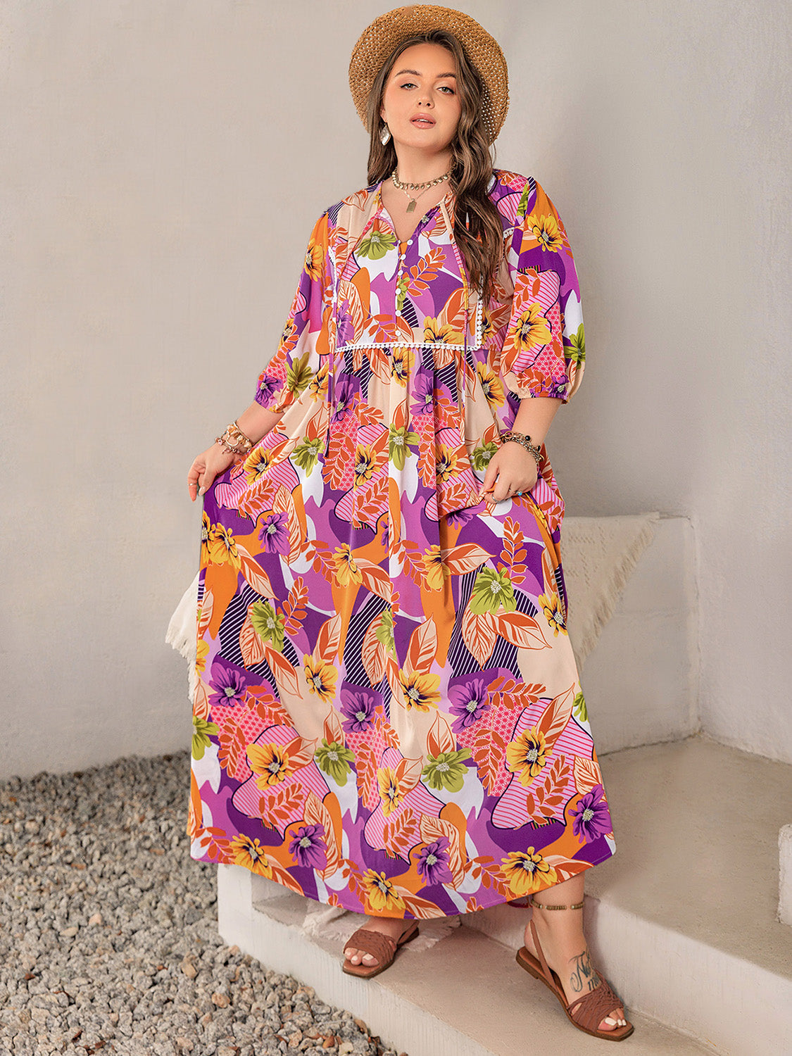 Plus Size Printed Tie Neck Maxi Dress Trendsi