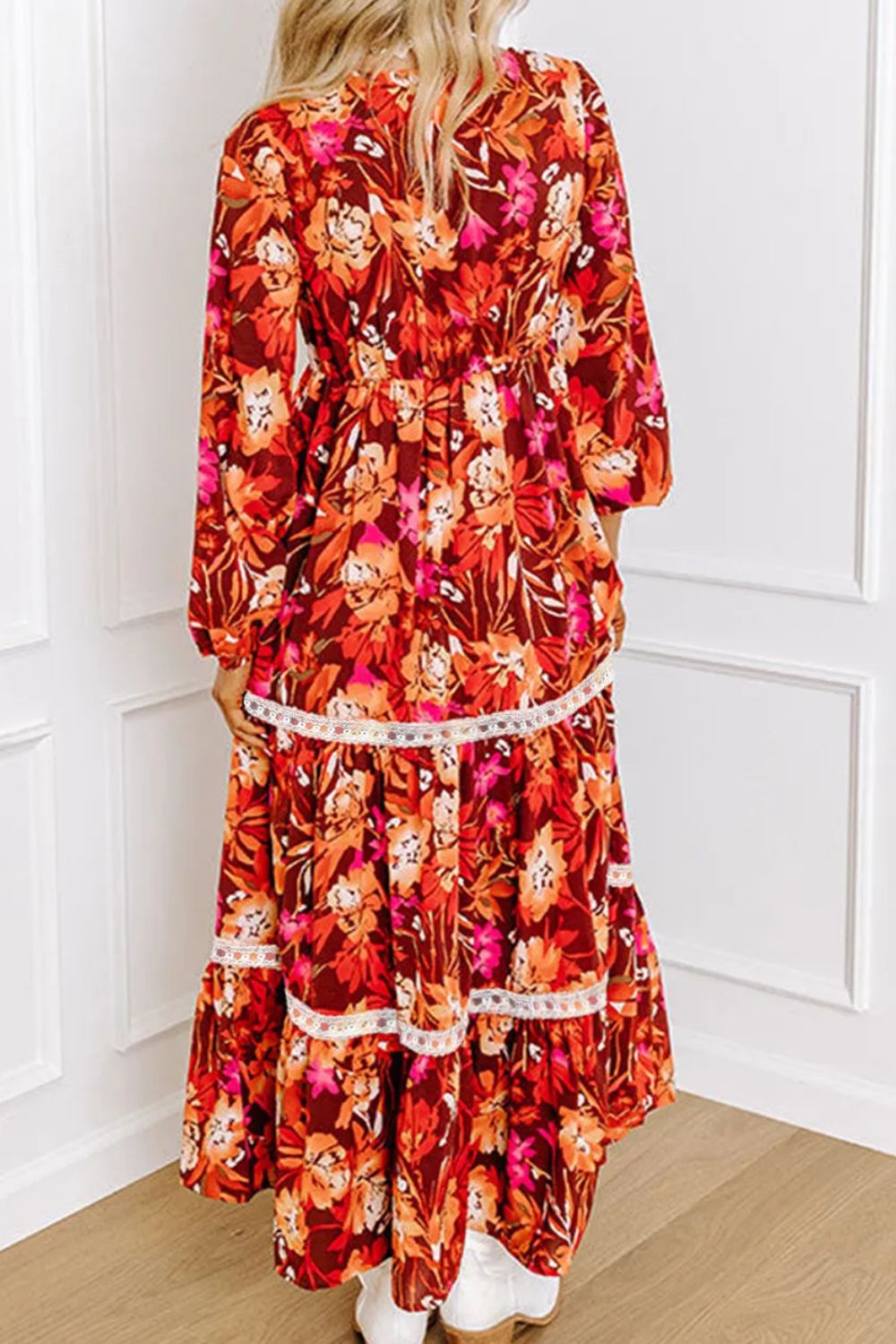 Printed V-Neck Long Sleeve Midi Dress Trendsi