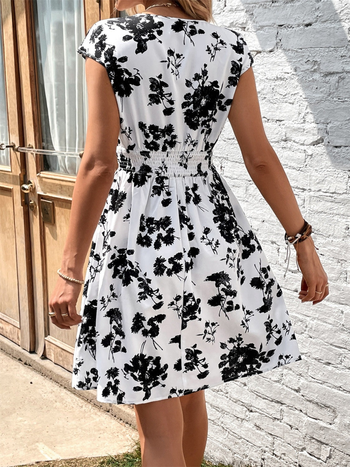 Printed Surplice Cap Sleeve Dress Trendsi