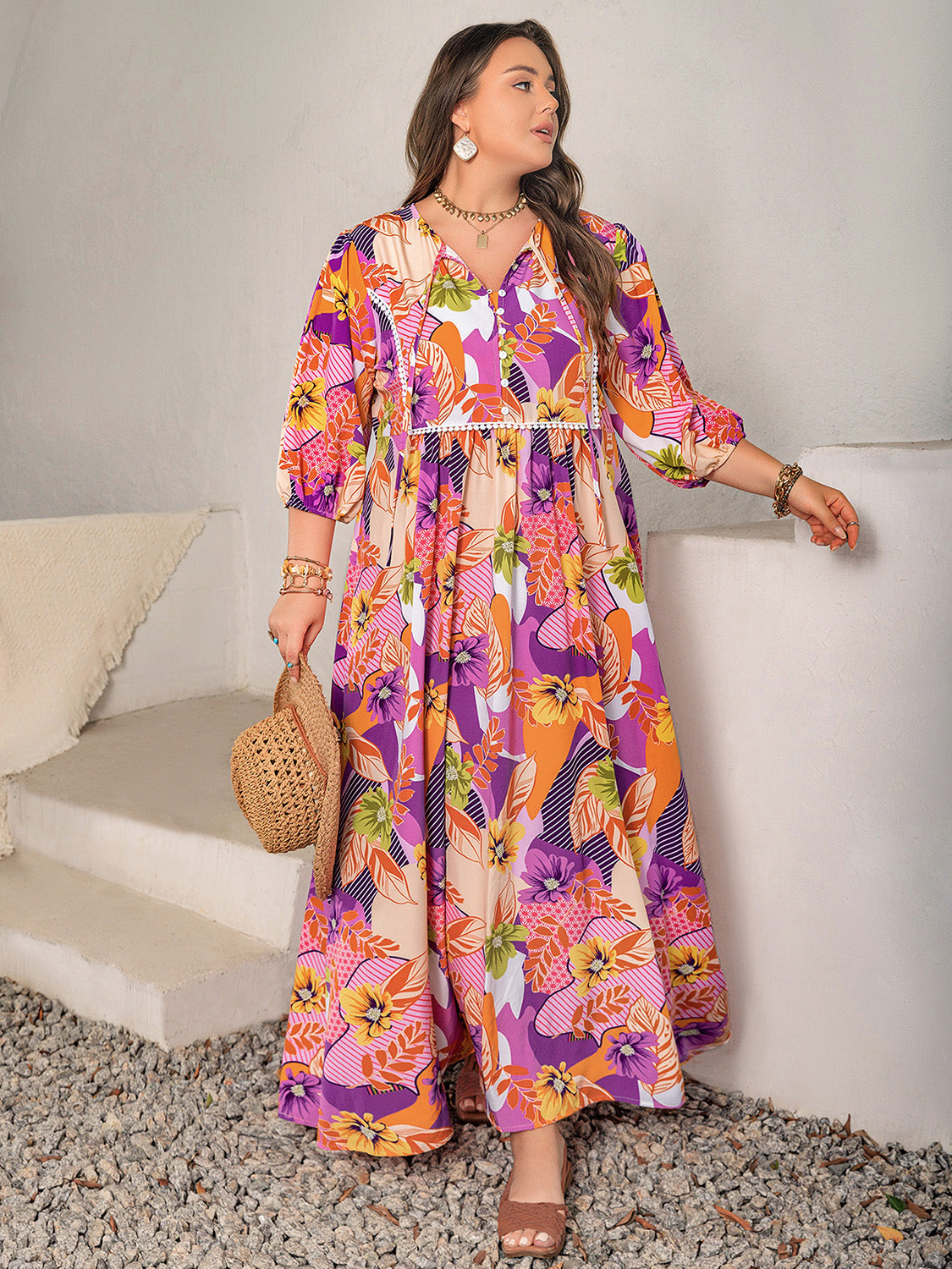 Plus Size Printed Tie Neck Maxi Dress Trendsi