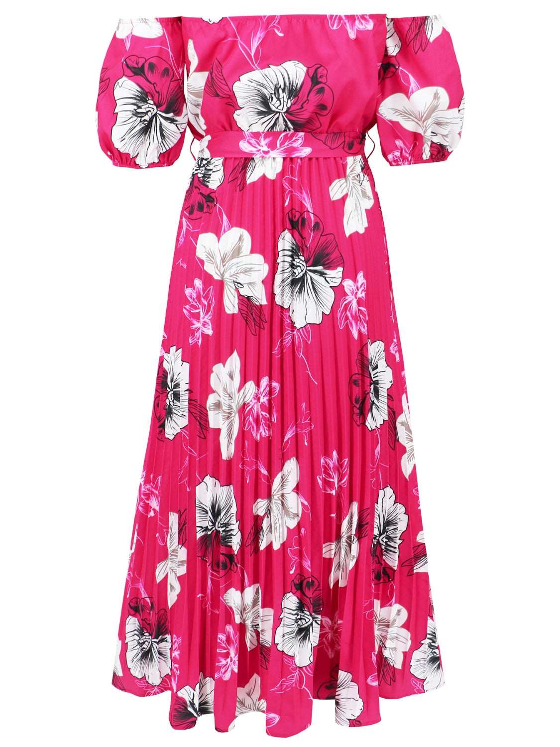 Pleated Floral Off-Shoulder Short Sleeve Midi Dress Trendsi