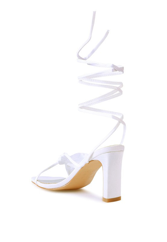 CHASM RUCHED SATIN TIE UP BLOCK HEELED SANDALS Rag Company