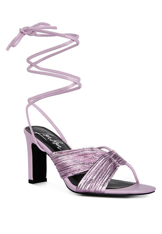 xuxa metallic tie up block heel sandals Rag Company