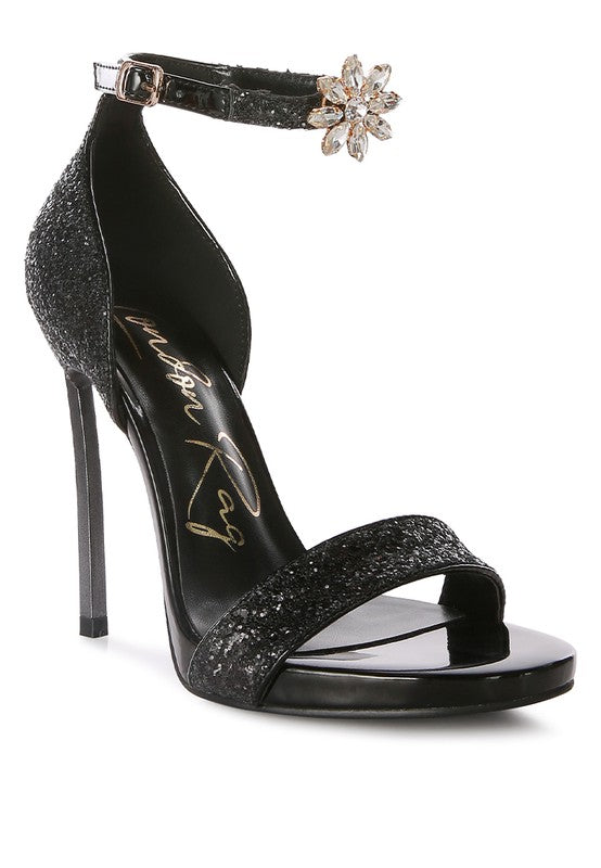 Straight Fire High Heel Glitter Stilettos | Party Sandals with Floral Jewel Detail