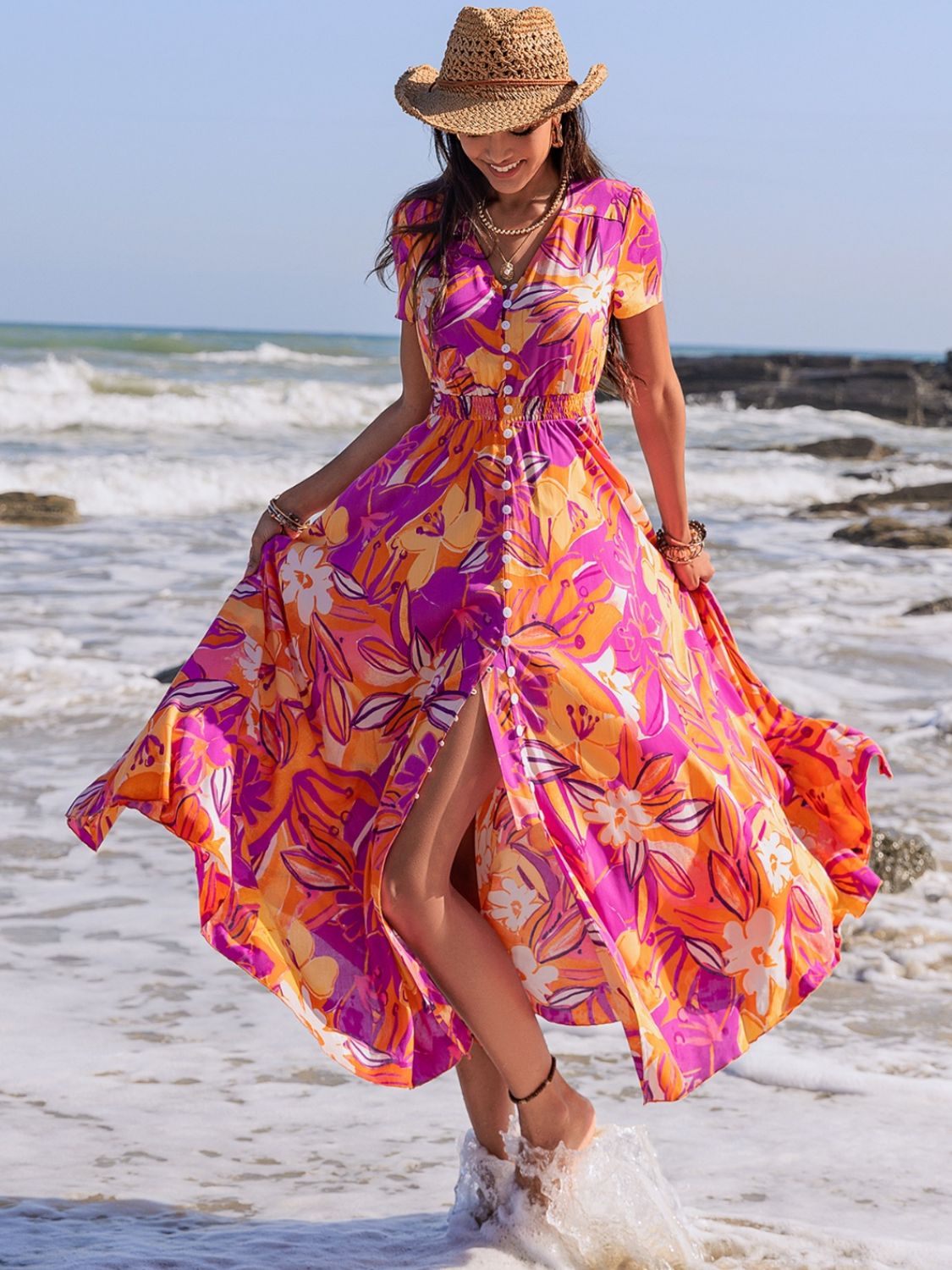 Printed V-Neck Short Sleeve Midi Dress Trendsi