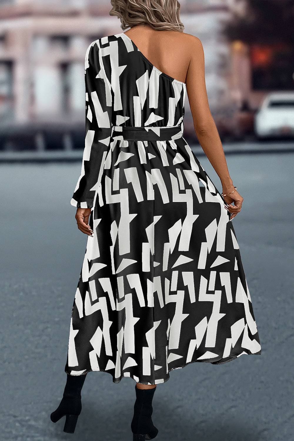 Printed One-Shoulder Tie Waist Dress Trendsi