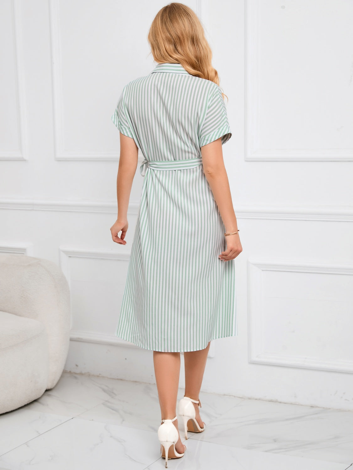 Striped Short Sleeve Tie Waist Midi Dress Trendsi