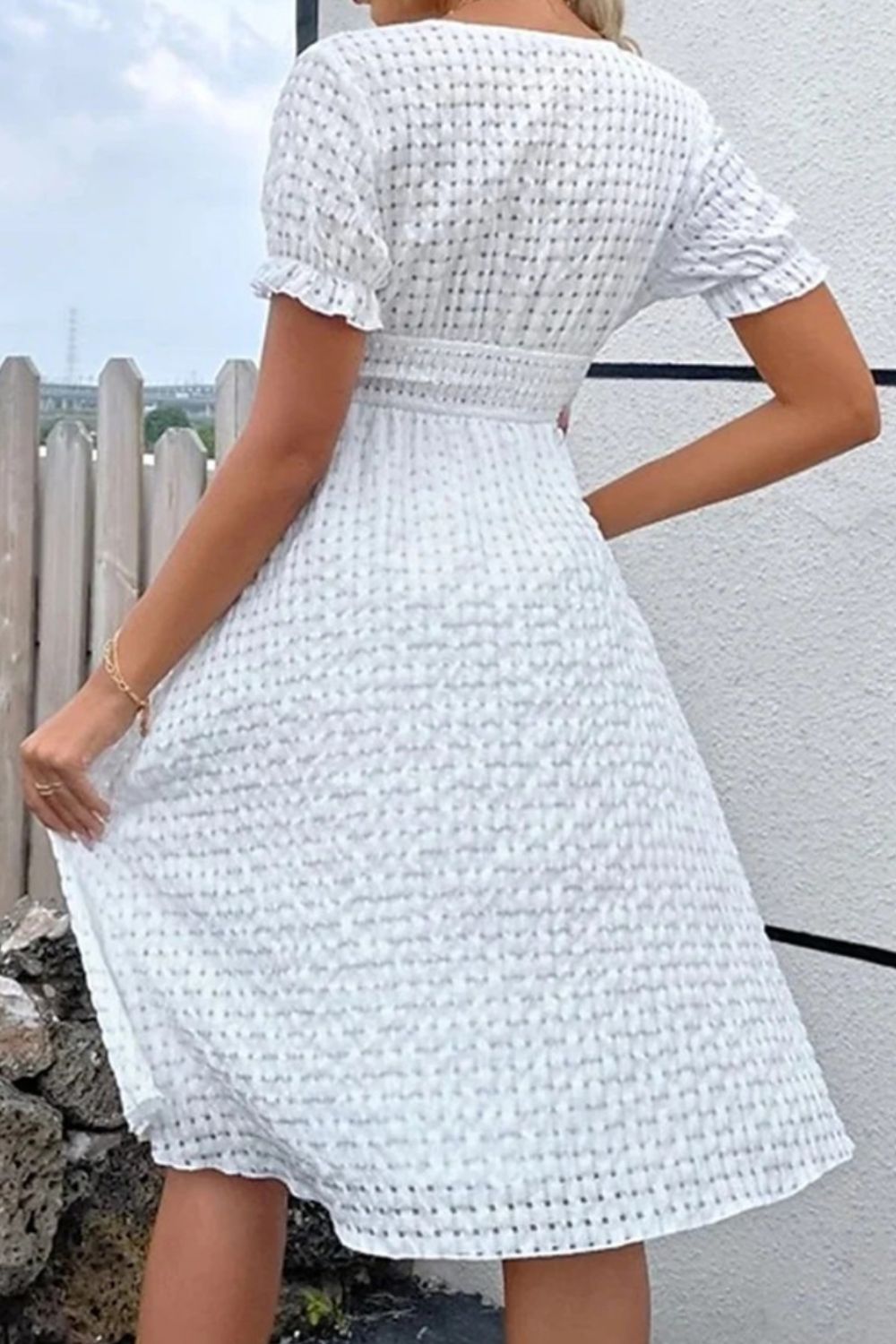 Textured Surplice White Dress – Elegant and Comfortable Short Sleeve Style Trendsi