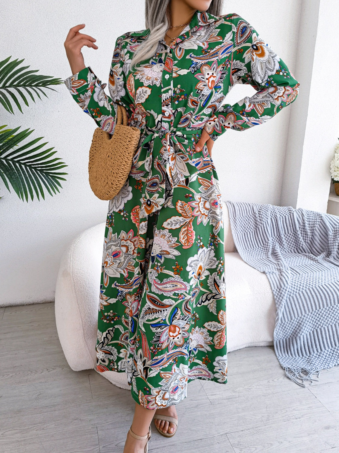 Tied Printed Long Sleeve Midi Dress Trendsi