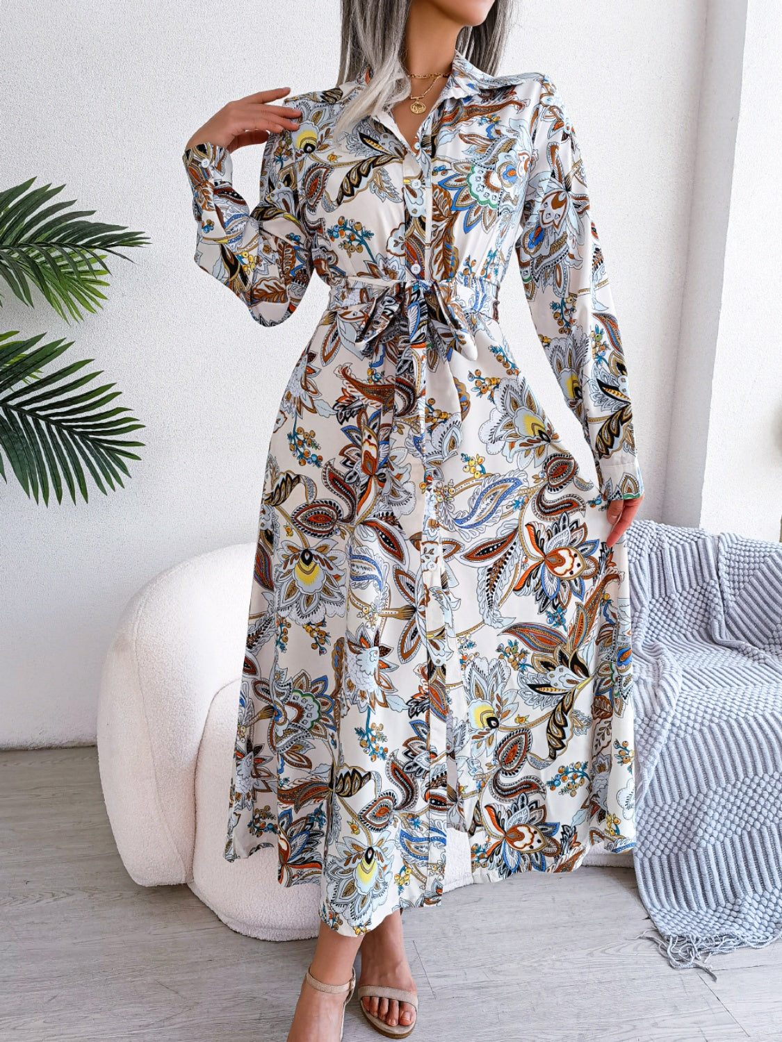 Tied Printed Long Sleeve Midi Dress Trendsi