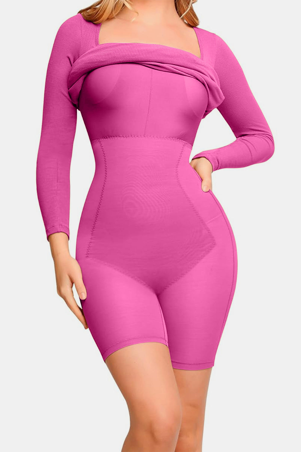 Basic Bae Full Size Built-In Shapewear Square Neck Long Sleeve Dress Trendsi