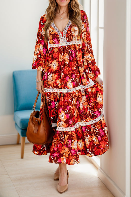 Printed V-Neck Long Sleeve Midi Dress Trendsi