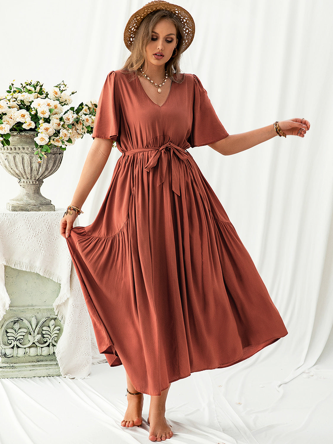 Plus Size V-Neck Flutter Sleeve Midi Dress Trendsi