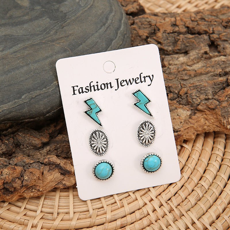 3 Piece Artificial Turquoise Stud Earrings - Freda Fashion