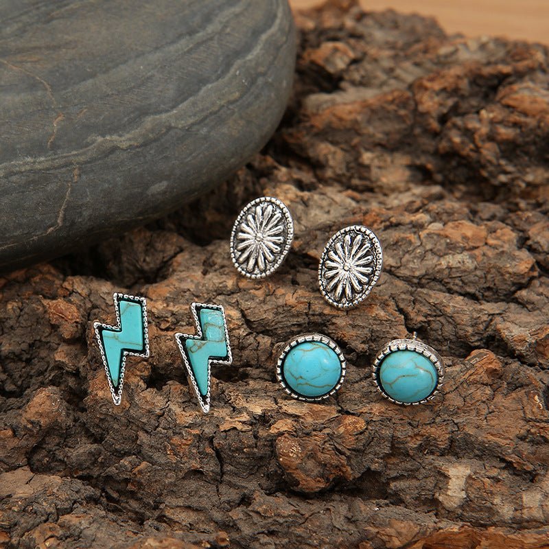 3 Piece Artificial Turquoise Stud Earrings - Freda Fashion