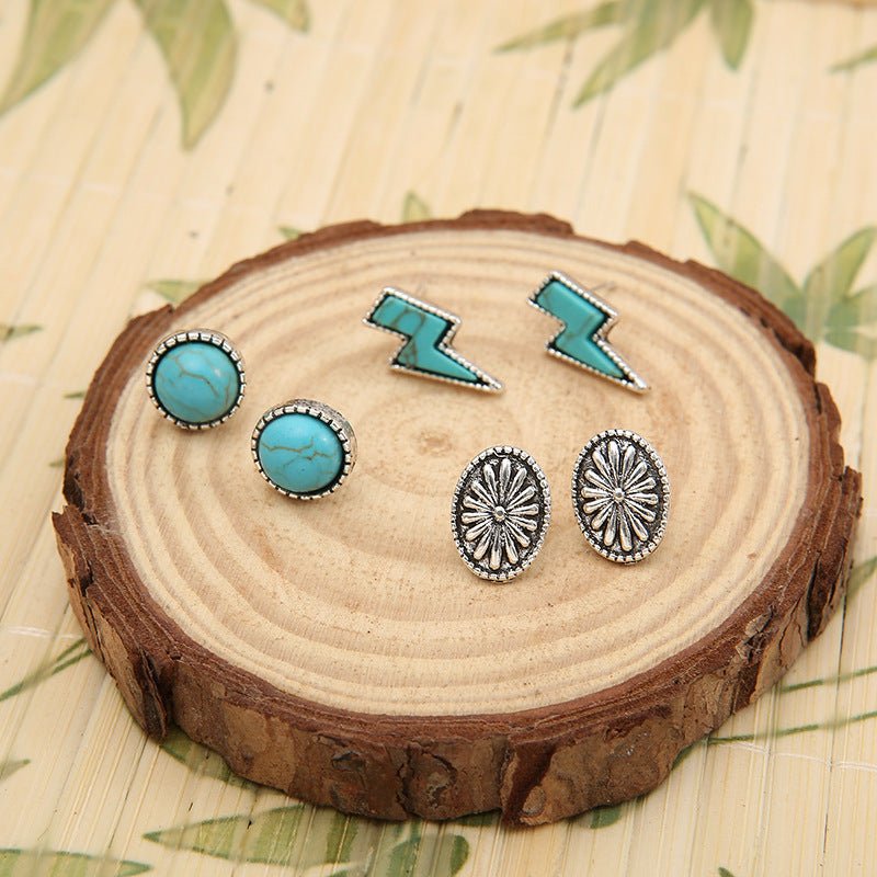 3 Piece Artificial Turquoise Stud Earrings - Freda Fashion