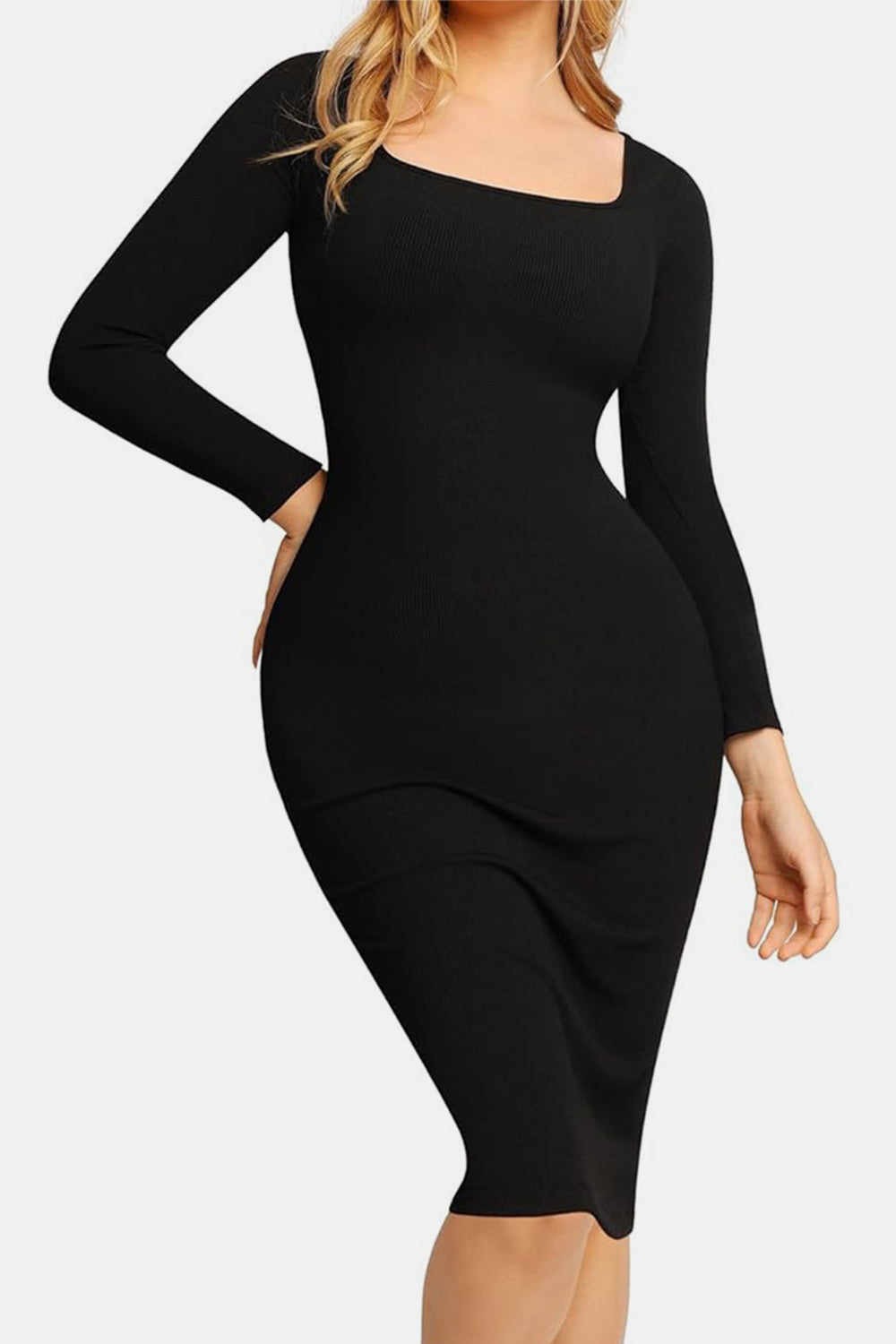 Basic Bae Full Size Built-In Shapewear Square Neck Long Sleeve Dress Trendsi