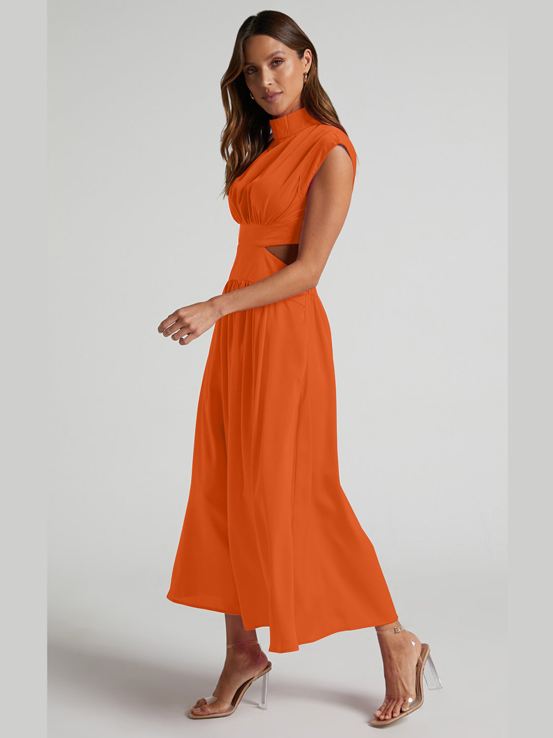 Cutout Mock Neck Sleeveless Ruched Dress Trendsi