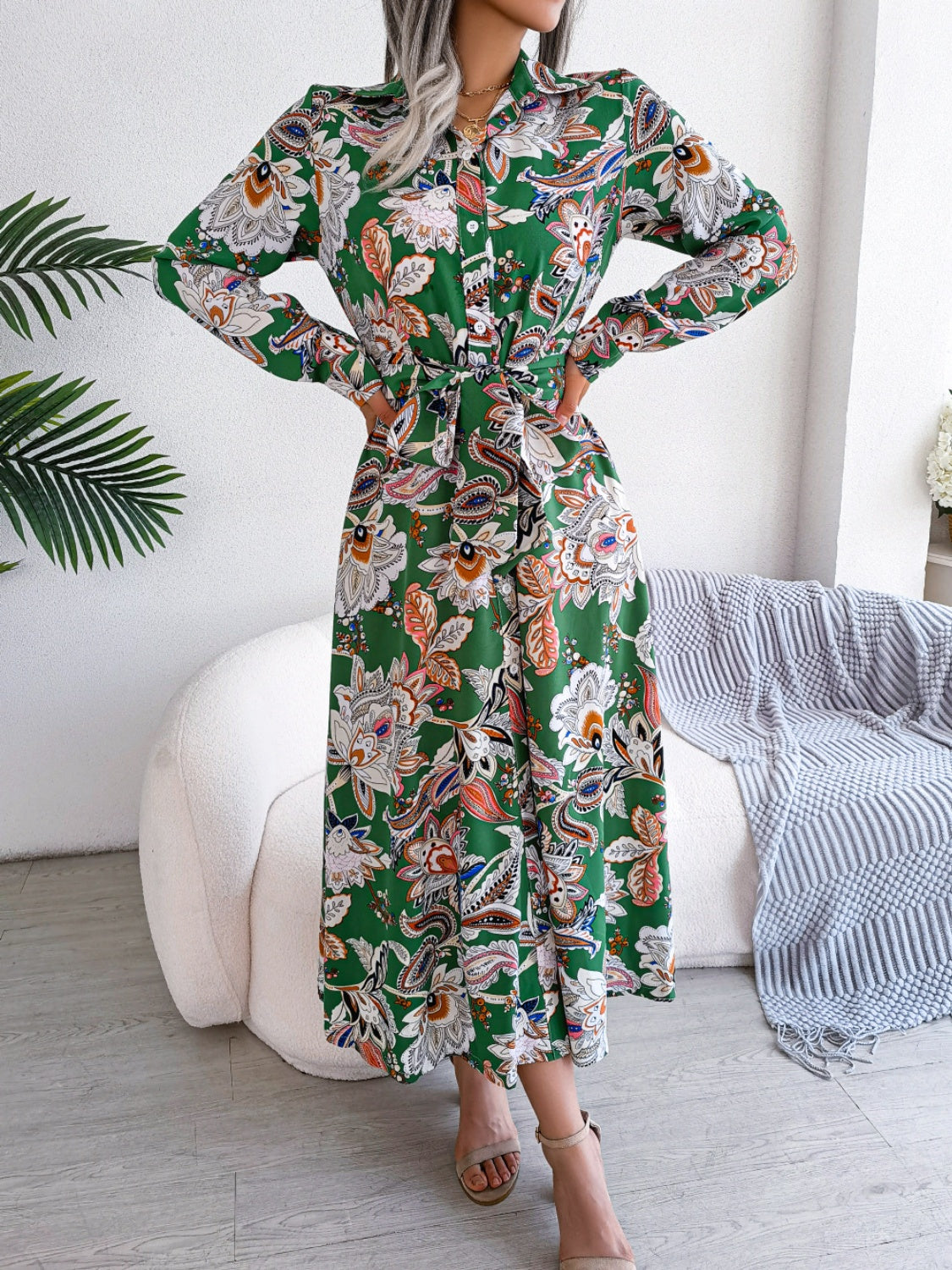 Tied Printed Long Sleeve Midi Dress Trendsi