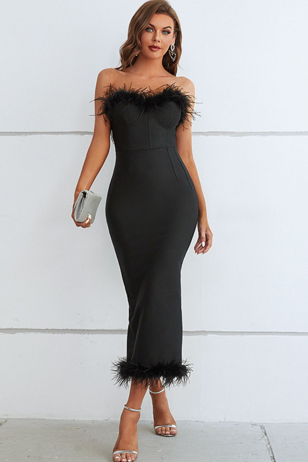 Feather Trim Strapless Sweetheart Neck Dress Trendsi