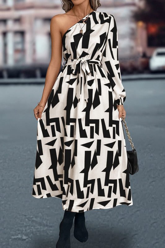 Printed One-Shoulder Tie Waist Dress Trendsi