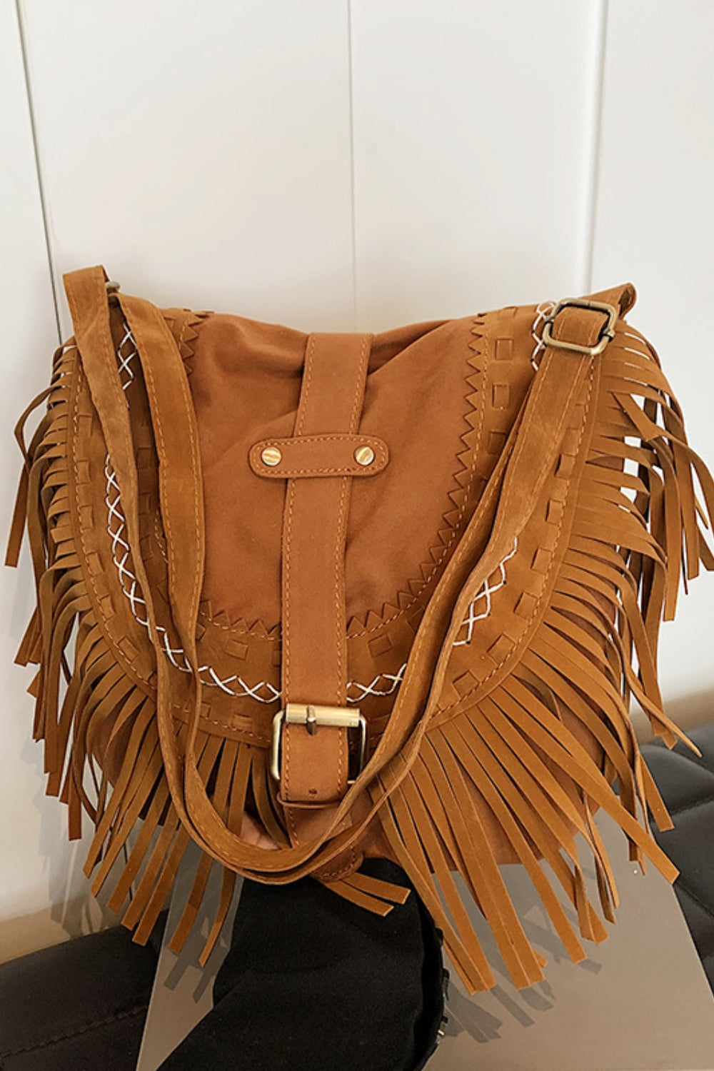 Suede Fringe Wide Strap Shoulder Bag Trendsi