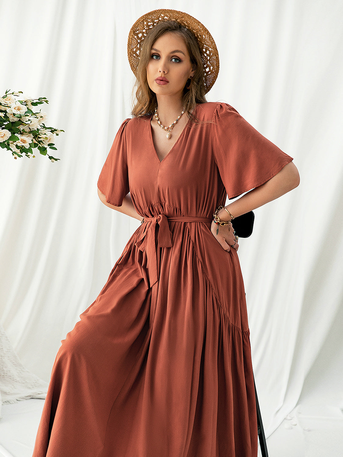 Plus Size V-Neck Flutter Sleeve Midi Dress Trendsi