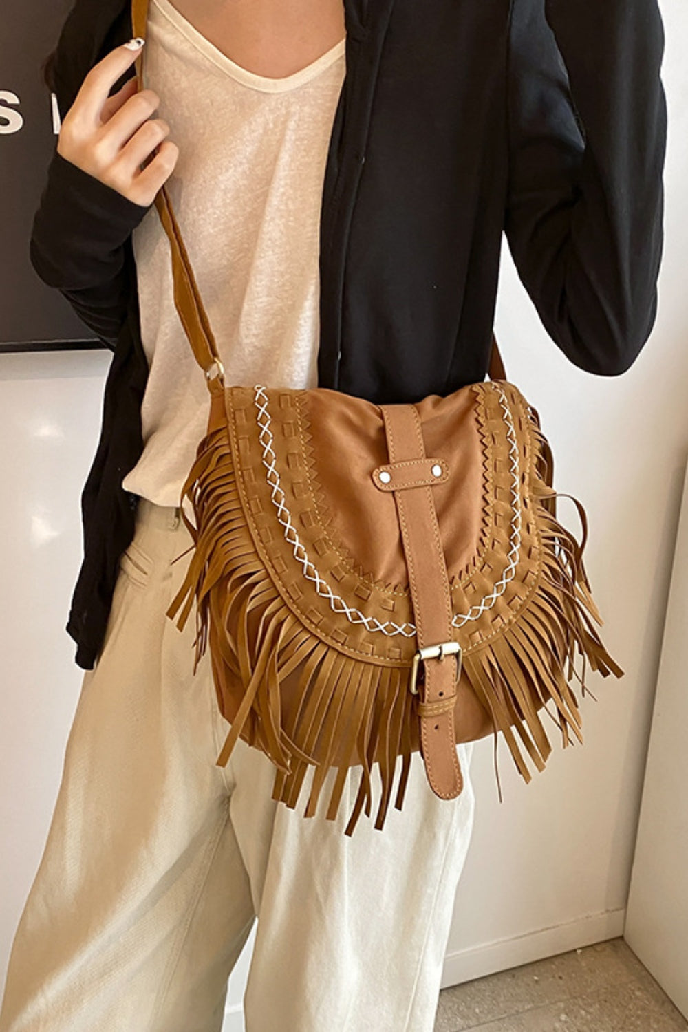 Suede Fringe Wide Strap Shoulder Bag Trendsi