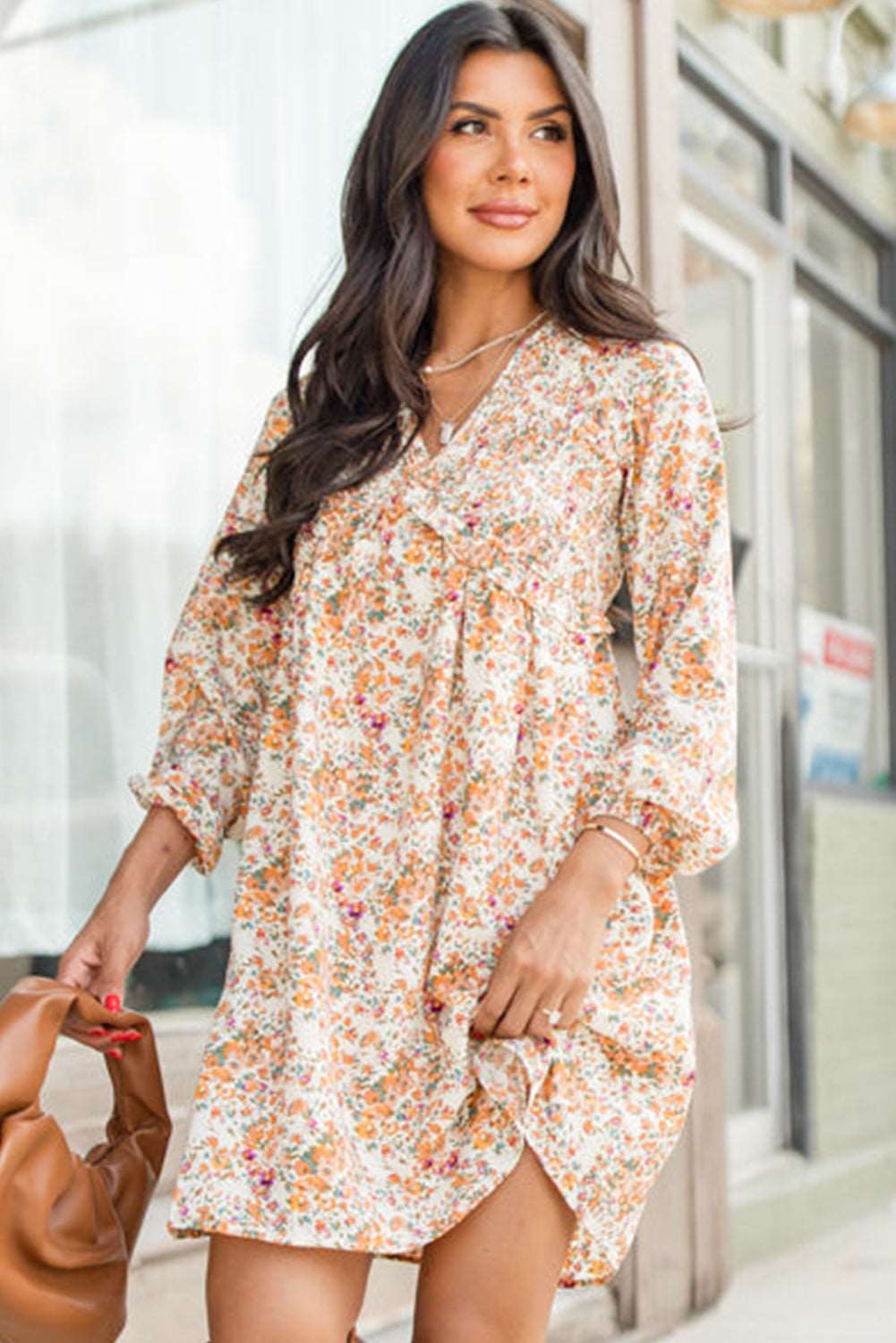 Yellow Boho Floral V Neck Ruffled High Waist Long Sleeve Mini Dress Shewin