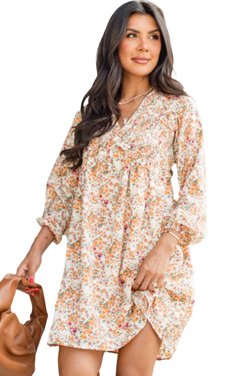 Yellow Boho Floral V Neck Ruffled High Waist Long Sleeve Mini Dress Shewin