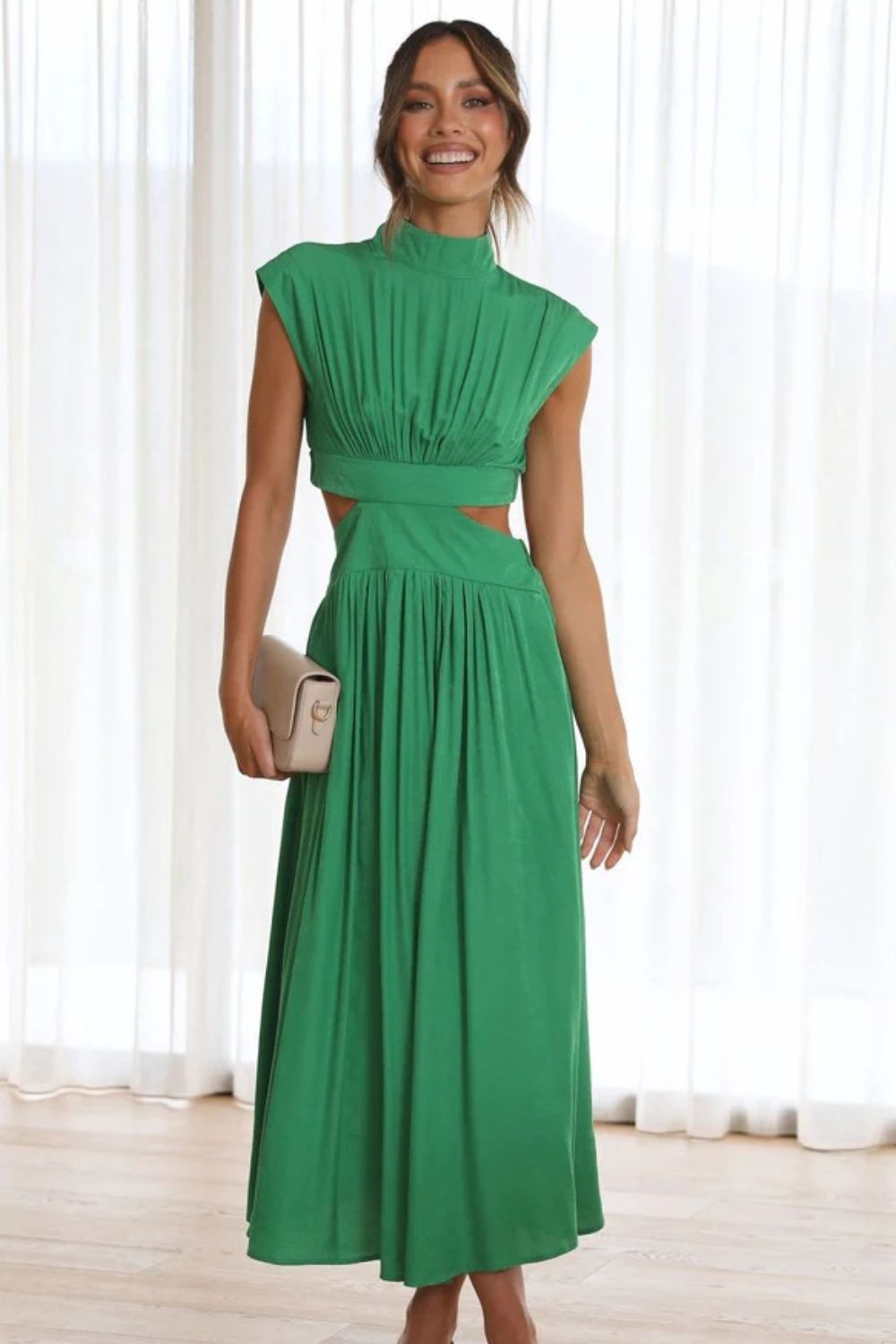 Cutout Mock Neck Sleeveless Ruched Dress Trendsi