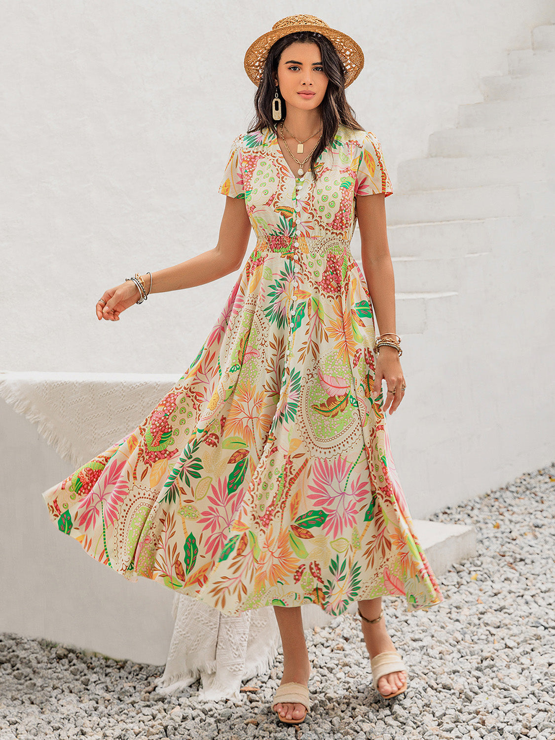 Printed V-Neck Short Sleeve Midi Dress Trendsi