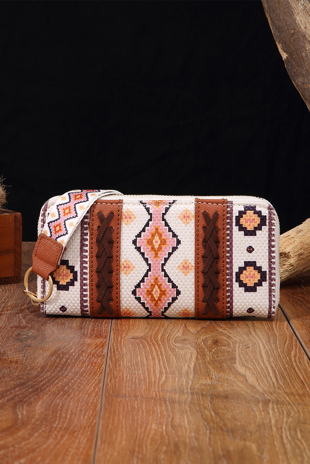 White Geometric Print PU Leather Wristlet Wallet Shewin