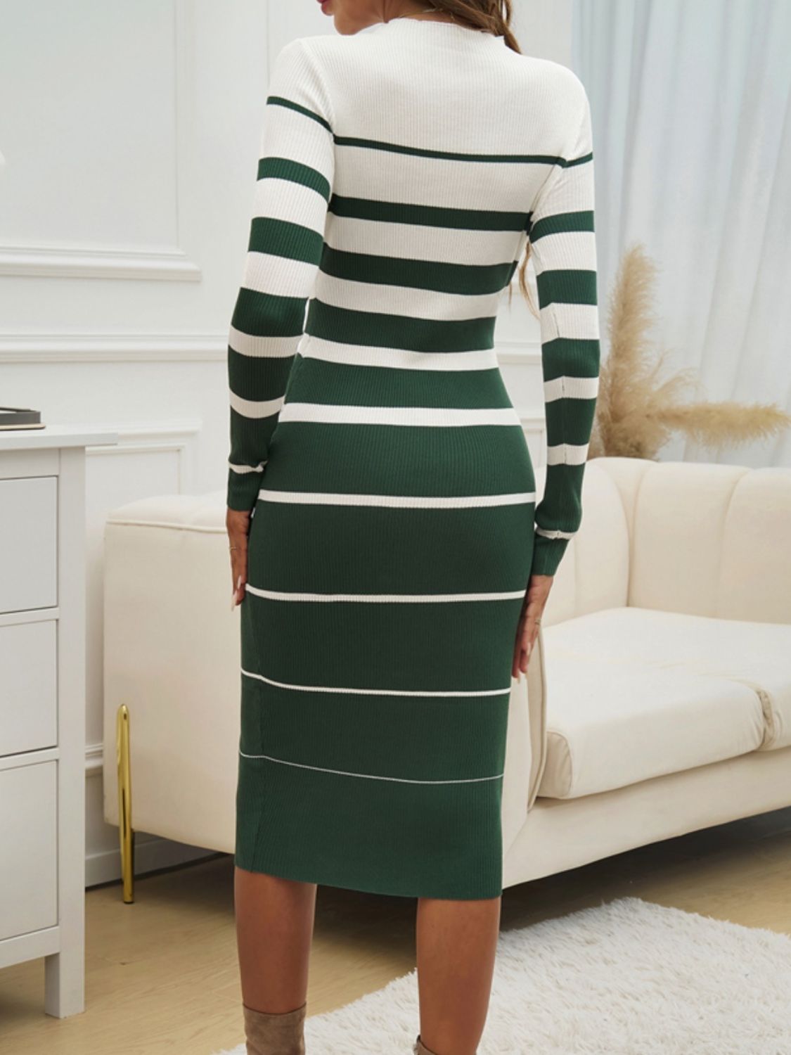 Devine Color Block Round Neck Long Sleeve Midi Dress Trendsi