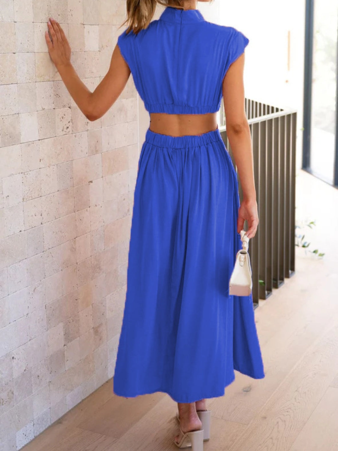 Cutout Mock Neck Sleeveless Ruched Dress Trendsi