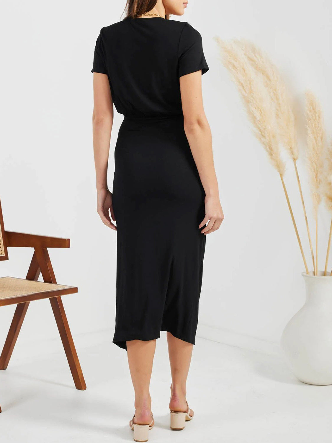 Ruched Slit V-Neck Short Sleeve Dress Trendsi