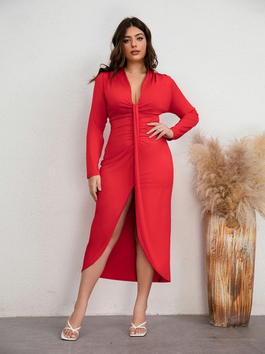 Plus Size Plunge Ruched Slit Dress Trendsi