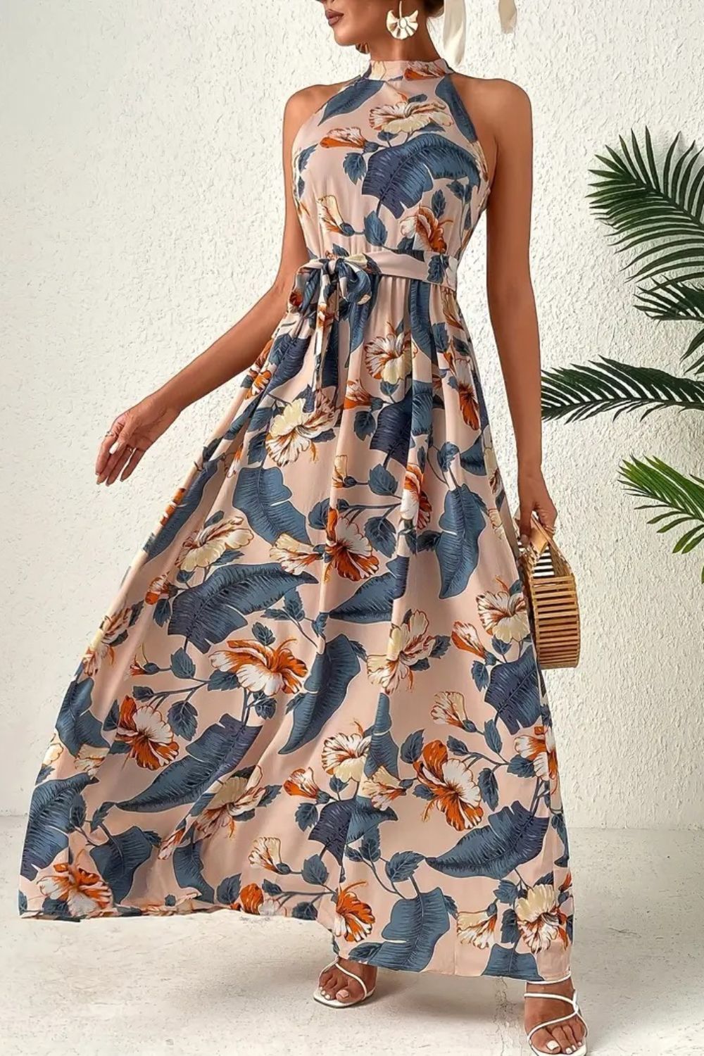 Tied Floral Sleeveless Dress Trendsi