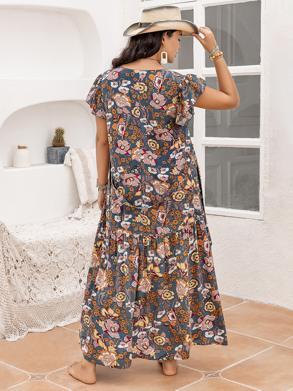 Plus Size Ruffled Printed Cap Sleeve Dress Trendsi