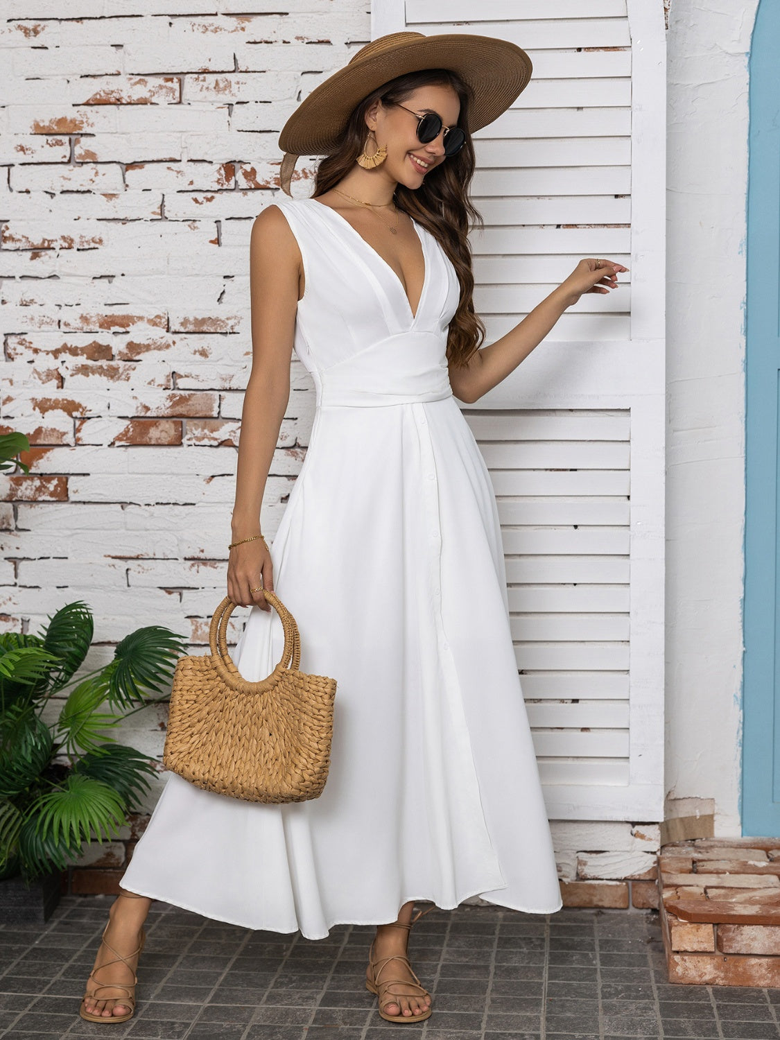 Full Size Slit V-Neck Sleeveless Midi Dress Trendsi