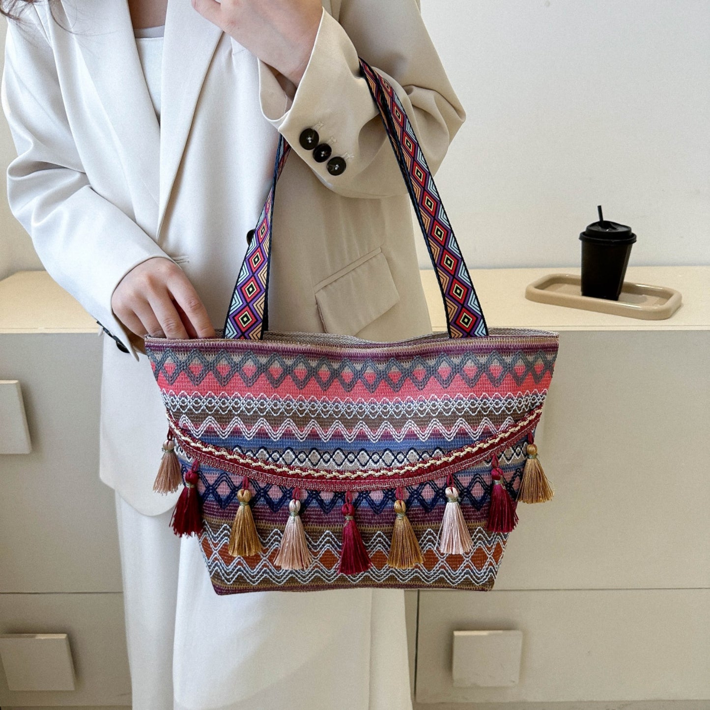 Printed Tassel Detail Tote Bag Trendsi