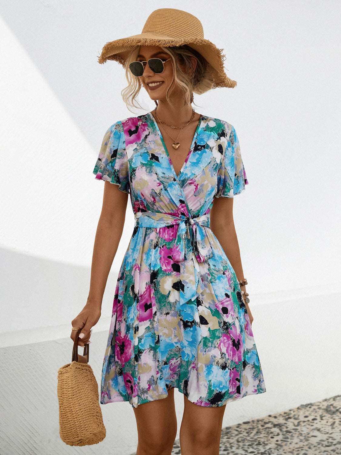 Printed Surplice Tie Waist Mini Dress Trendsi