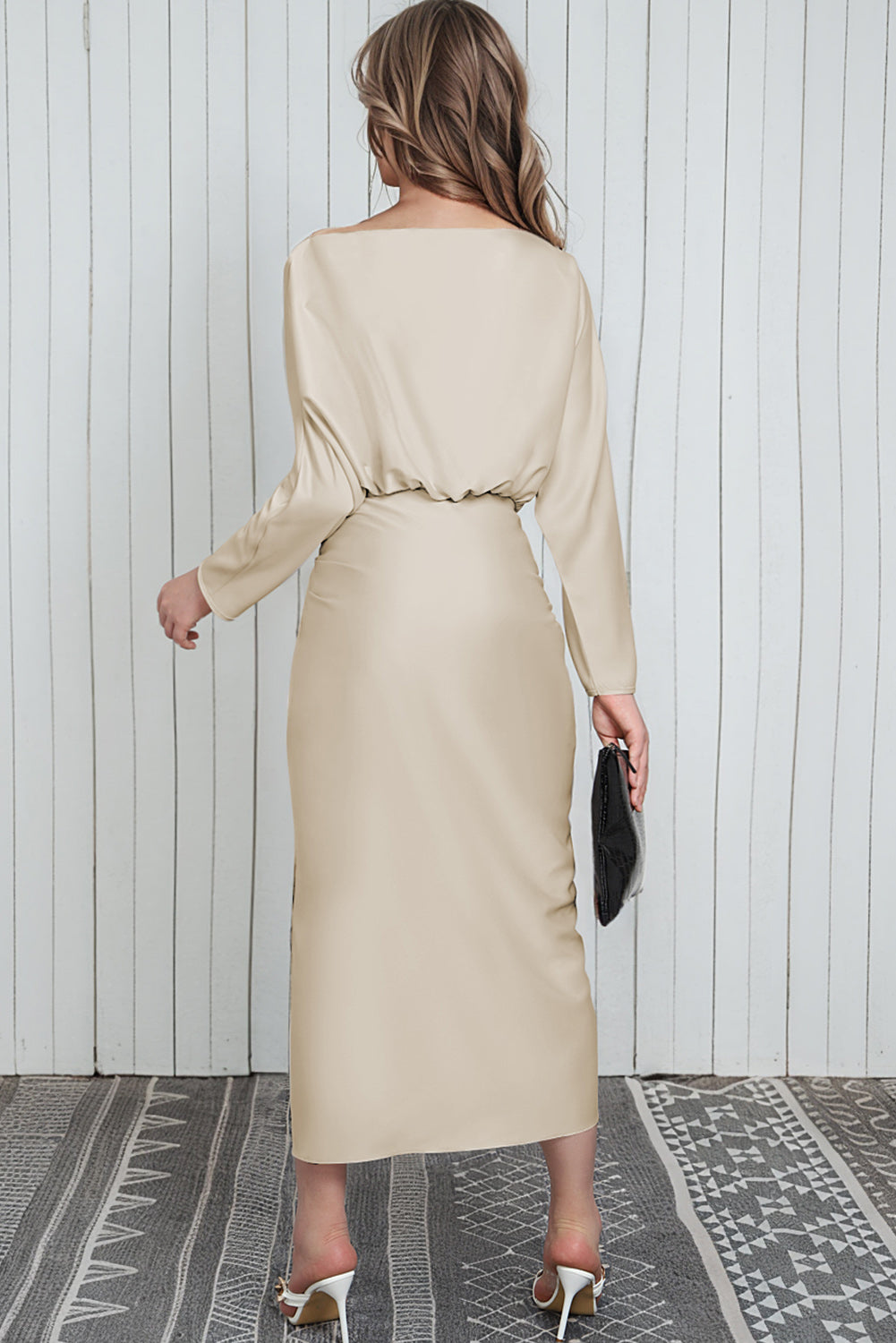 Apricot Satin Elegant Wrap Tie Side Boat Neck Long Sleeve Dress