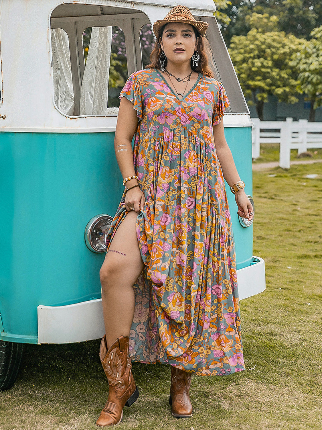 Plus Size Ruffled Printed Cap Sleeve Dress Trendsi