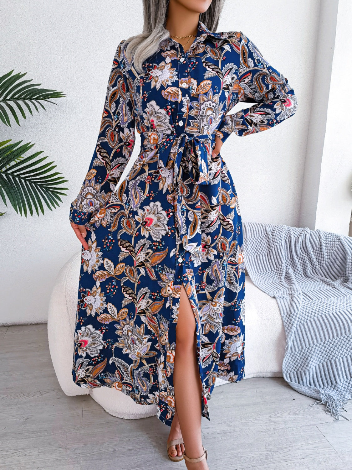 Tied Printed Long Sleeve Midi Dress Trendsi