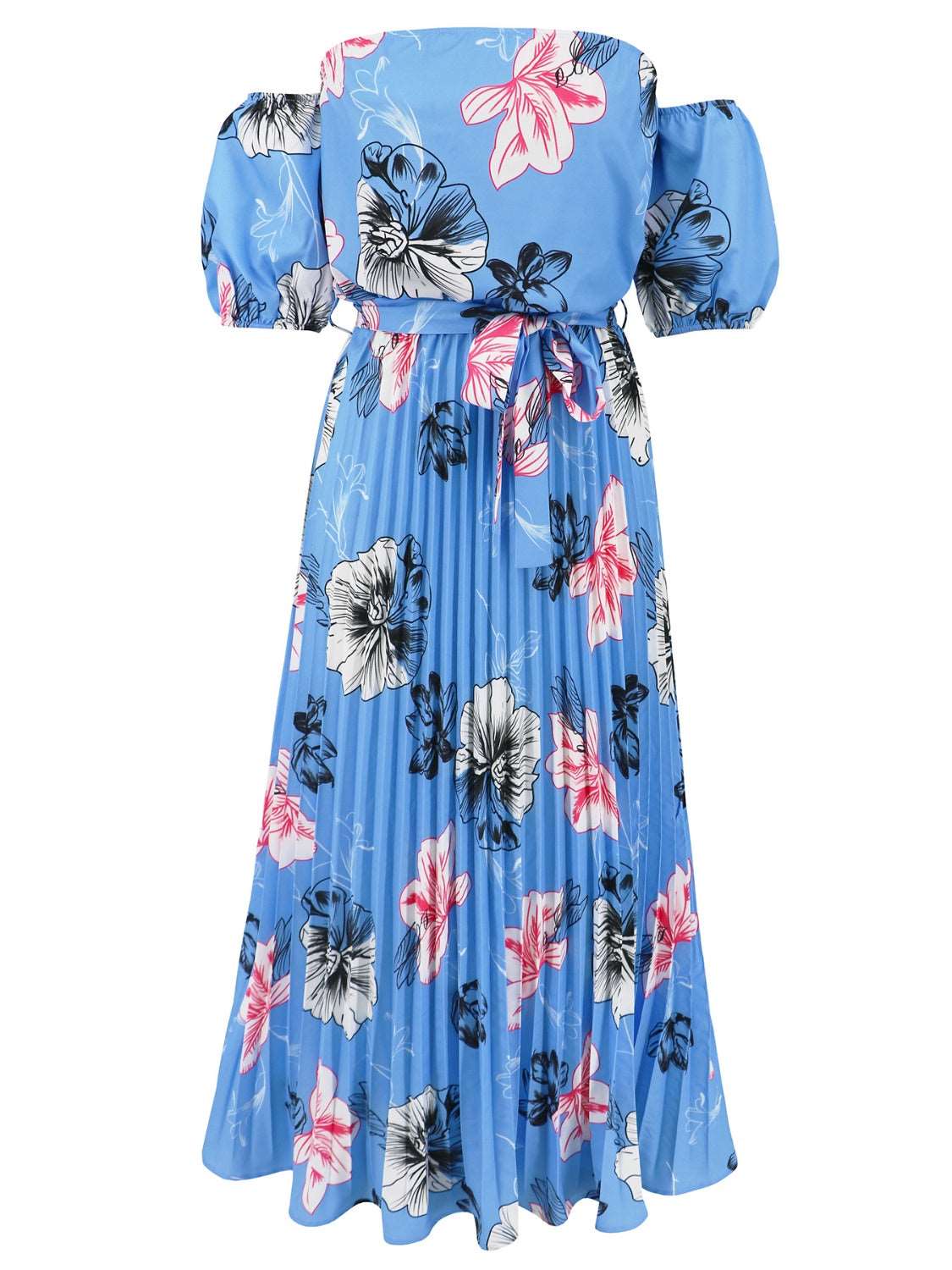 Pleated Floral Off-Shoulder Short Sleeve Midi Dress Trendsi