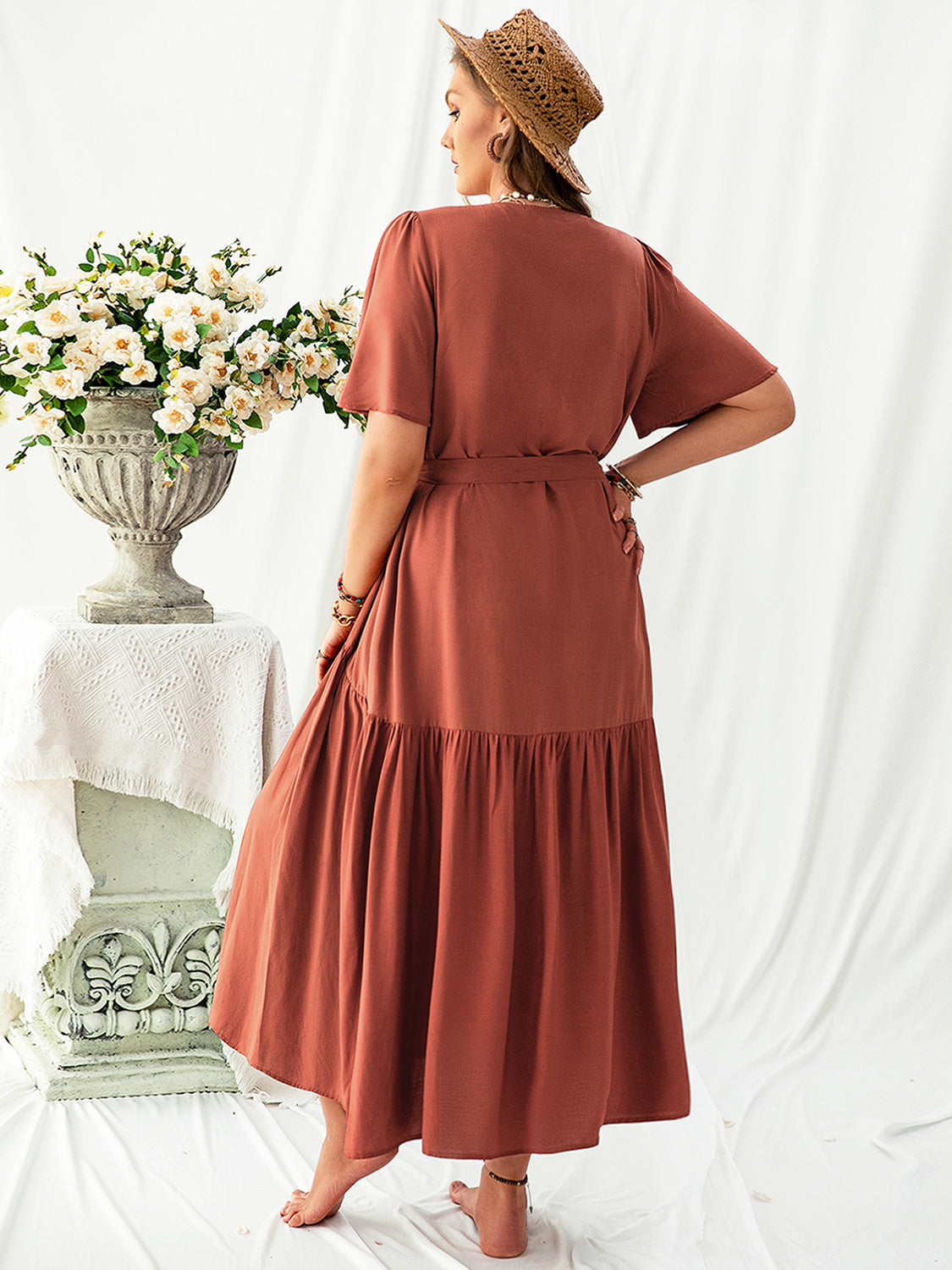 Plus Size V-Neck Flutter Sleeve Midi Dress Trendsi