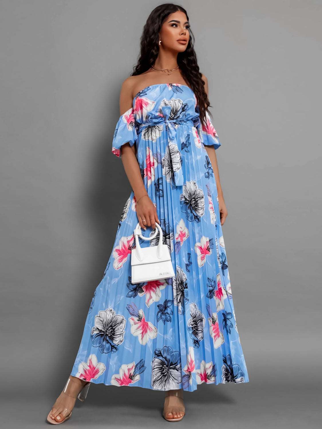 Pleated Floral Off-Shoulder Short Sleeve Midi Dress Trendsi