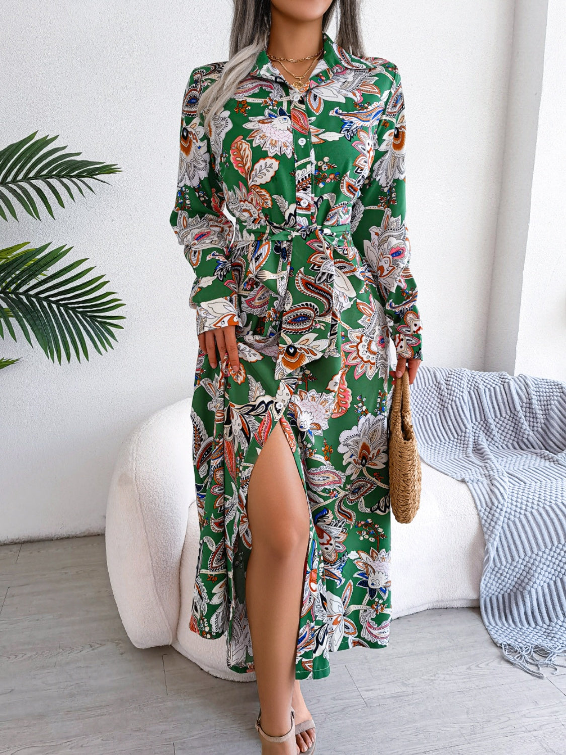 Tied Printed Long Sleeve Midi Dress Trendsi